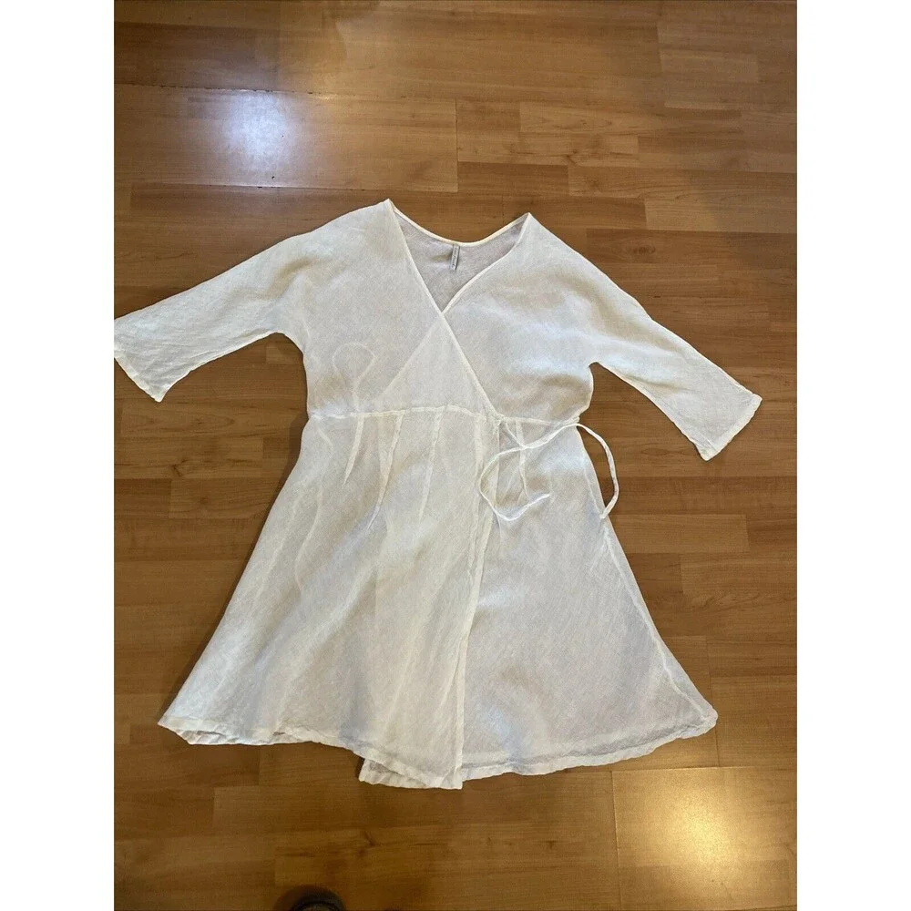 Home Frocks Linen Size M‎ Lagenlook Ivory Wrap Guaze Dress